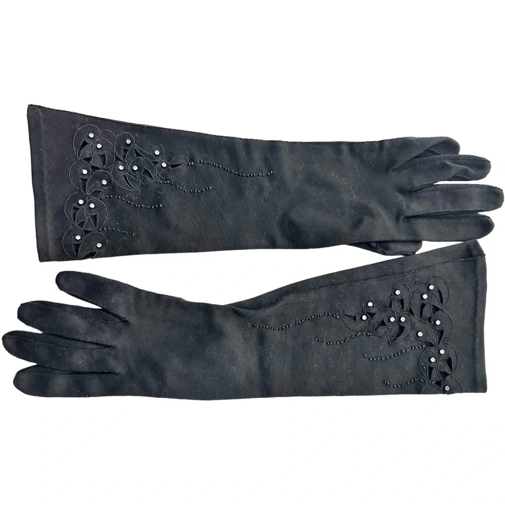 Vintage Wear Right Gloves Black Rhinestone & Cut Outs Size 6.5 - Picture 10 of 10